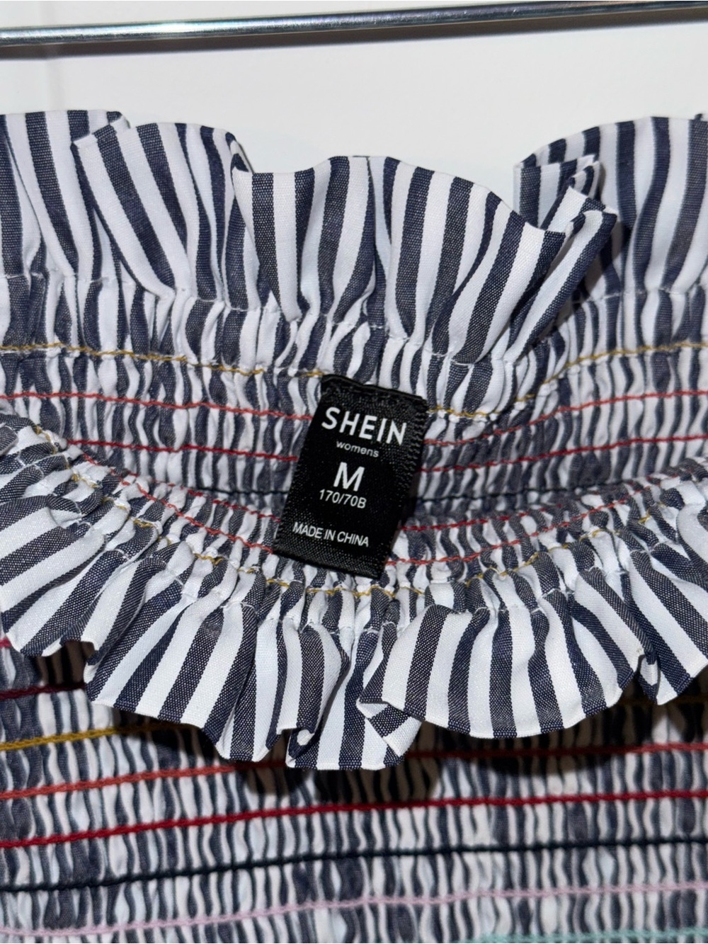 Navy Striped Smocked Mini Skirt with Pink & Blue Ruffle - Picture 2 of 4